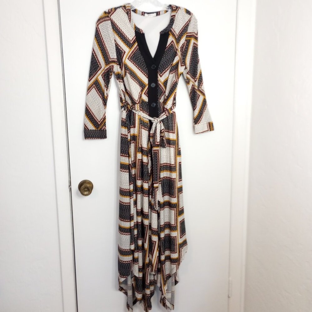 eShakti Striped Button Front Handkerchief Hem Long Shirtdress
